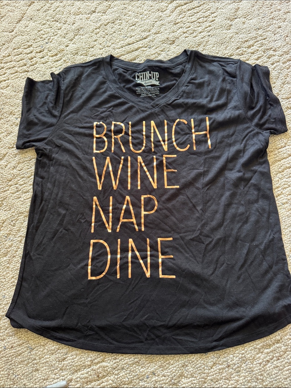 Chin Up Apparel Black Tee with Orange Lettering - BRUNCH WINE NAP DINE